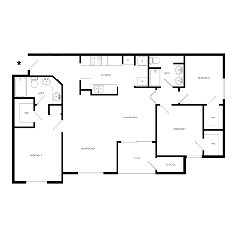 A black and white floor plan of a house with labeled rooms.